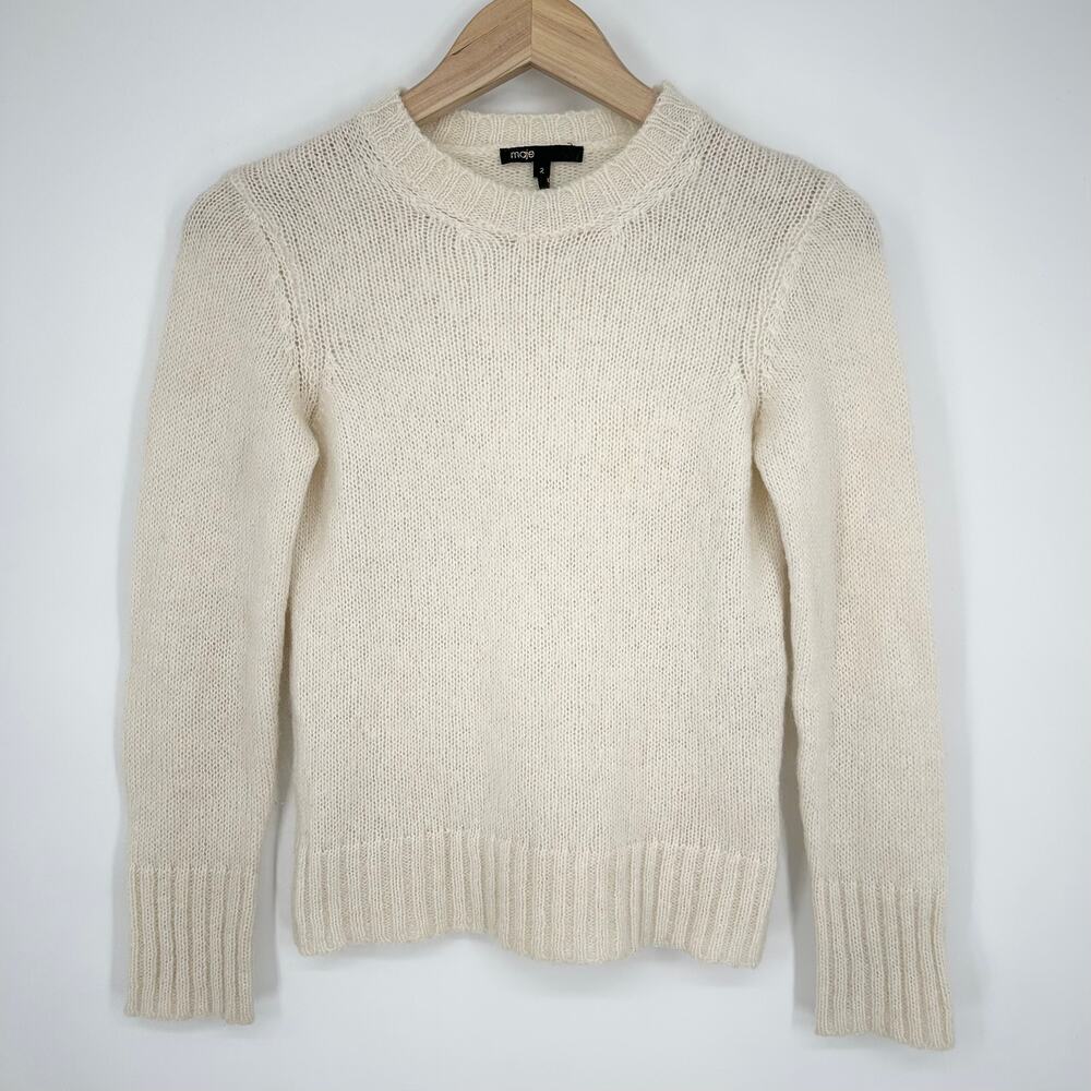 Maje Marne Sweater Crew Neck Mohair Wool Blend Fitted Pullover Ecru White